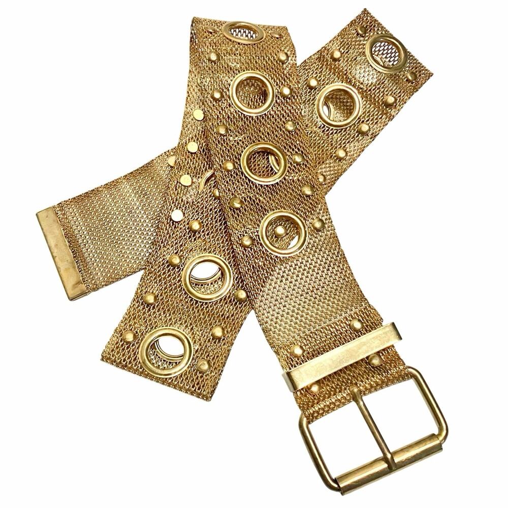 Vintage Gold Metal Mesh Wide Belt Studded, Grommet, Brass, Y2k Glam Statement
